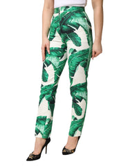 Dolce & Gabbana White Green Leaf High Waist Trousers Pants