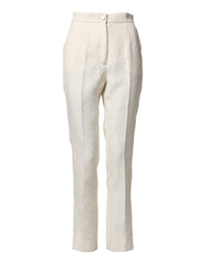 Dolce & Gabbana White Cotton Floral Brocade Dress Pants
