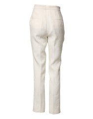 Dolce & Gabbana White Cotton Floral Brocade Dress Pants