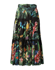 Dolce & Gabbana Black Cotton Floral High Waist Midi Skirt