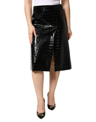 Dolce & Gabbana Black Croc Faux-Leather Mid Waist Midi Skirt