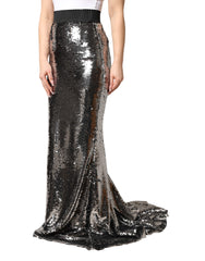 Dolce & Gabbana Metallic Gray Sequin High Waist Mermaid Skirt