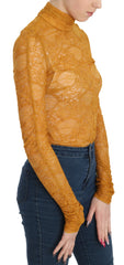 Mangano Mustard Turtle Neck Long Sleeve Lace Top Blouse