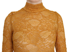 Mangano Mustard Turtle Neck Long Sleeve Lace Top Blouse