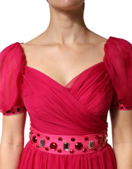 Dolce & Gabbana Pink Silk Embellished A-line Midi Dress