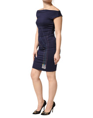 Roccobarocco Blue Viscose Embellished Off Shoulder Mini Dress