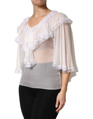 Dolce & Gabbana White Ruffles Lace Long Sleeve Blouse Top