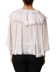 Dolce & Gabbana White Ruffles Lace Long Sleeve Blouse Top