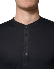 Dolce & Gabbana Dark Blue Cotton Henley Long Sleeves T-Shirt