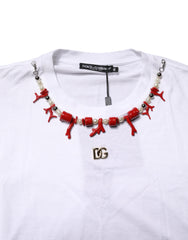 Dolce & Gabbana White Cotton Necklace Embellished T-shirt