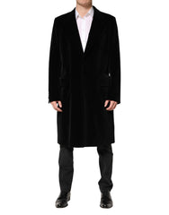 Dolce & Gabbana Black Cotton Velvet Long Trench Coat Jacket