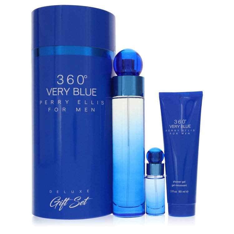 Perry Ellis 360 Very Blue by Perry Ellis Gift Set -- 3.4 oz Eau De Toilette Spray + .25 oz Mini EDT Spray + 3 oz Shower Gel for Men