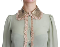 Dolce & Gabbana Elegant Mint Green Silk Blend Sequin Collar Top