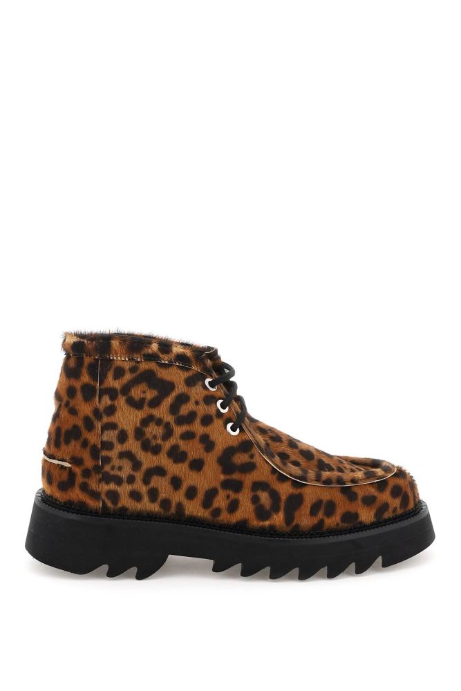 LEOPARD CALFHAIR LACE-UP ANKLE BOOTS