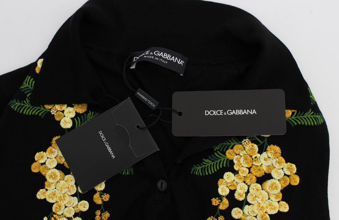 Dolce & Gabbana Black Silk Floral Embroidered Polo Top