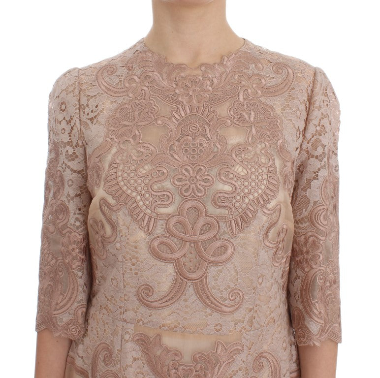Dolce & Gabbana Pink Silk Lace Ricamo Shift Gown Dress
