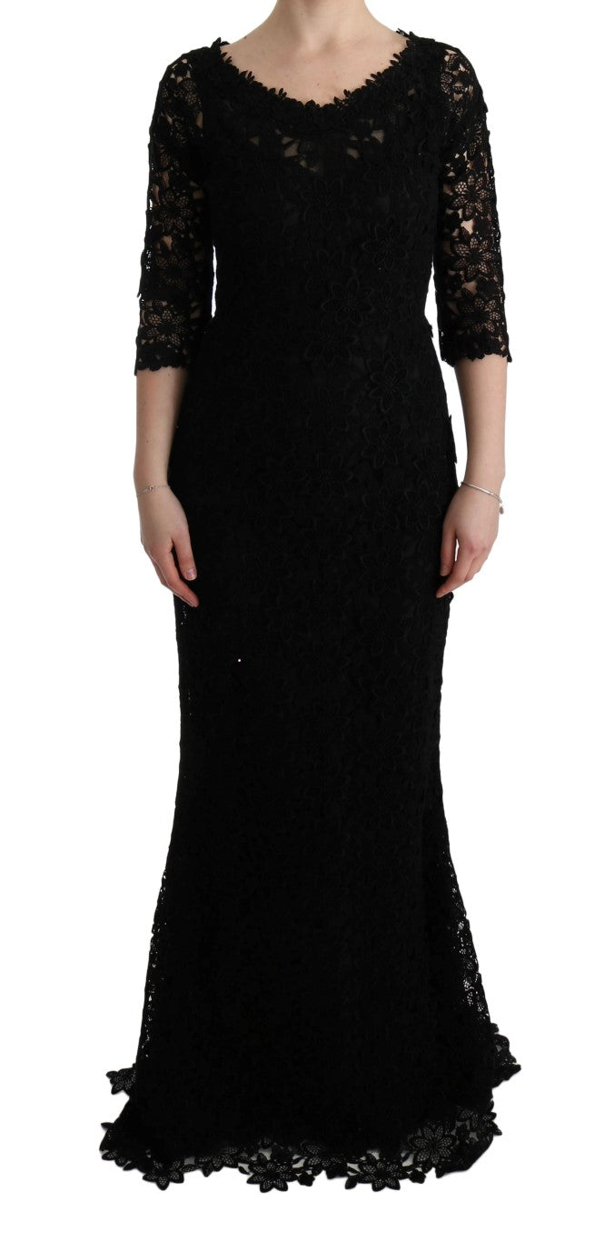 Dolce & Gabbana Black Floral Ricamo Sheath Long Dress