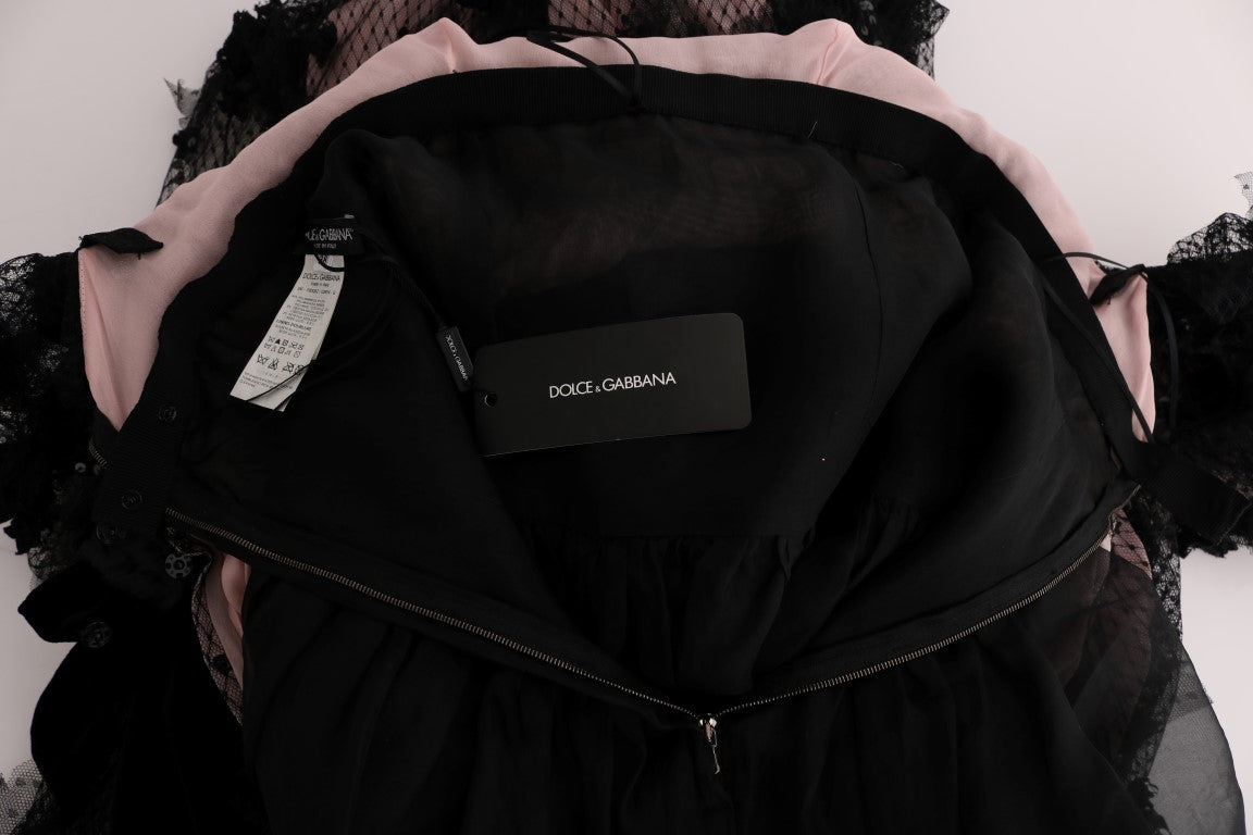 Dolce & Gabbana Black Pink Silk Applique Shift Dress