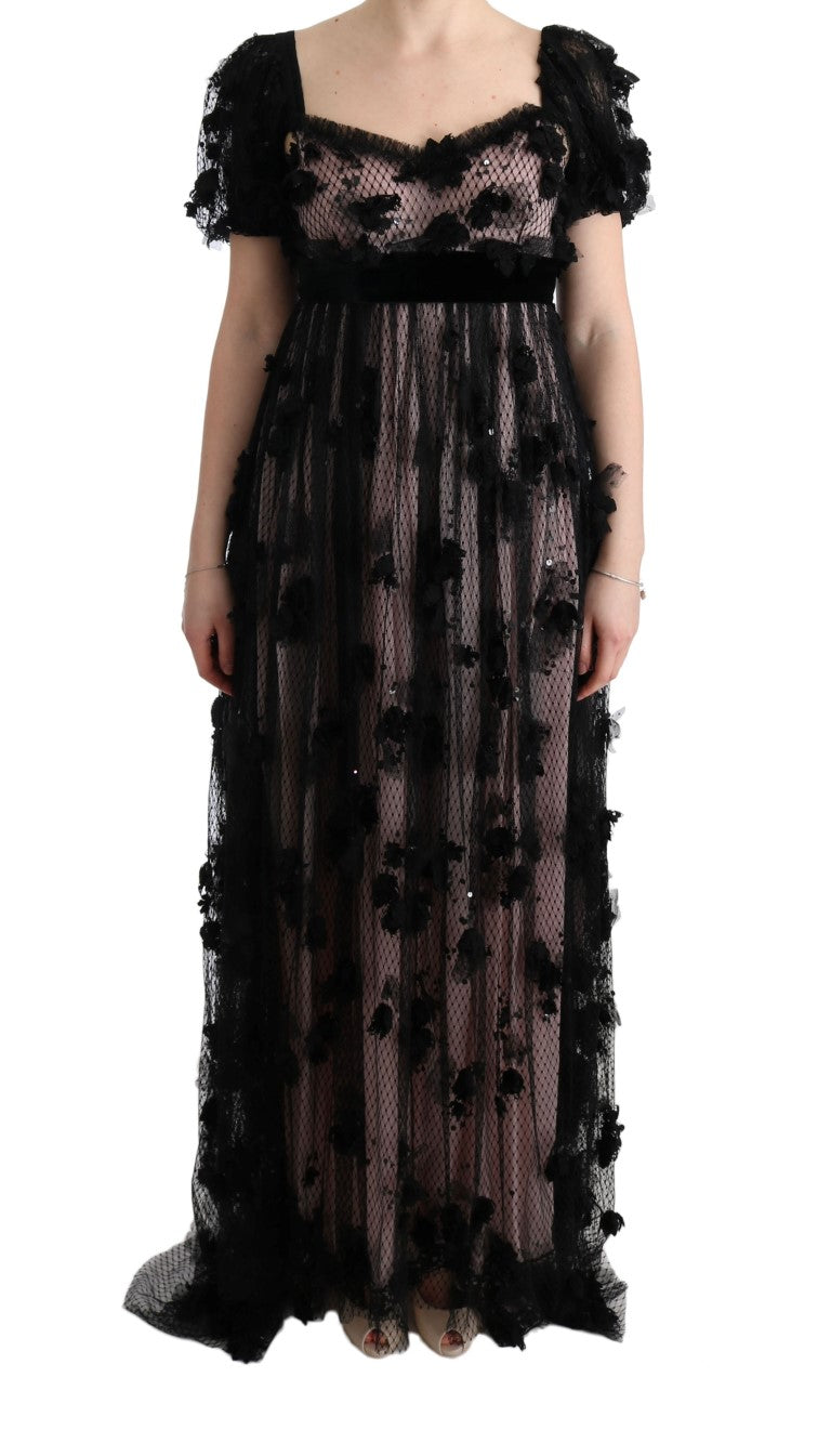 Dolce & Gabbana Black Pink Silk Applique Shift Dress