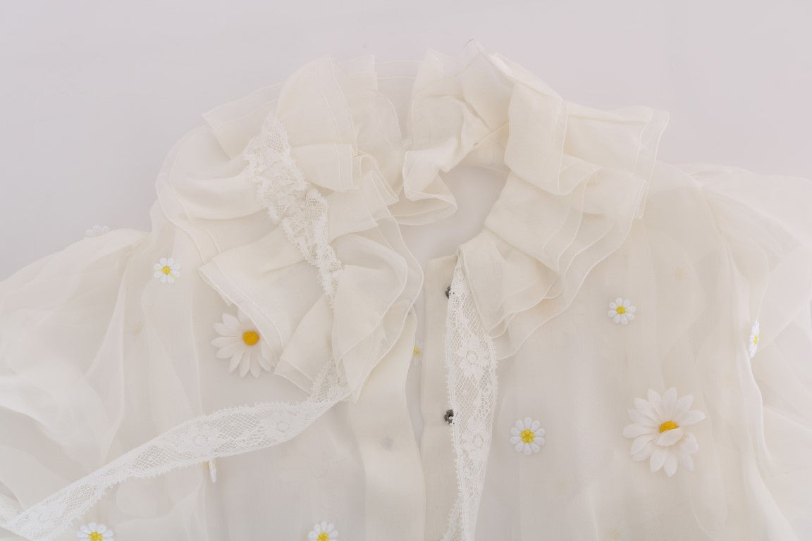 Dolce & Gabbana White Daisy Applique Silk Shirt