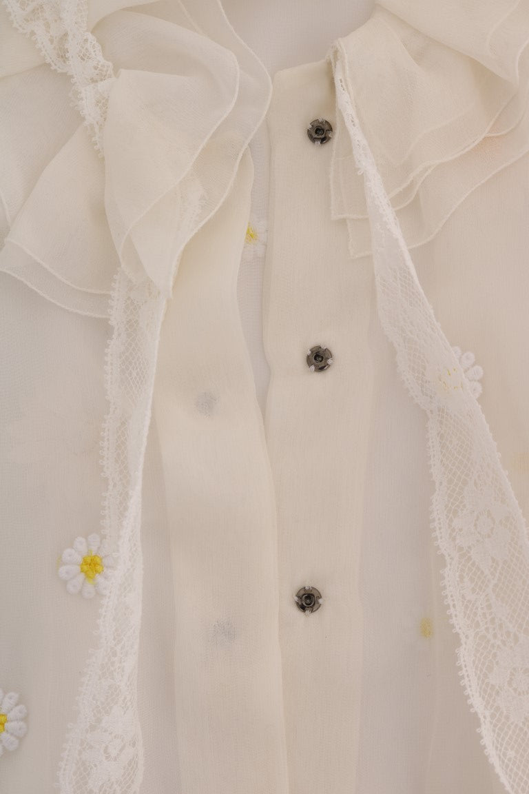Dolce & Gabbana White Daisy Applique Silk Shirt