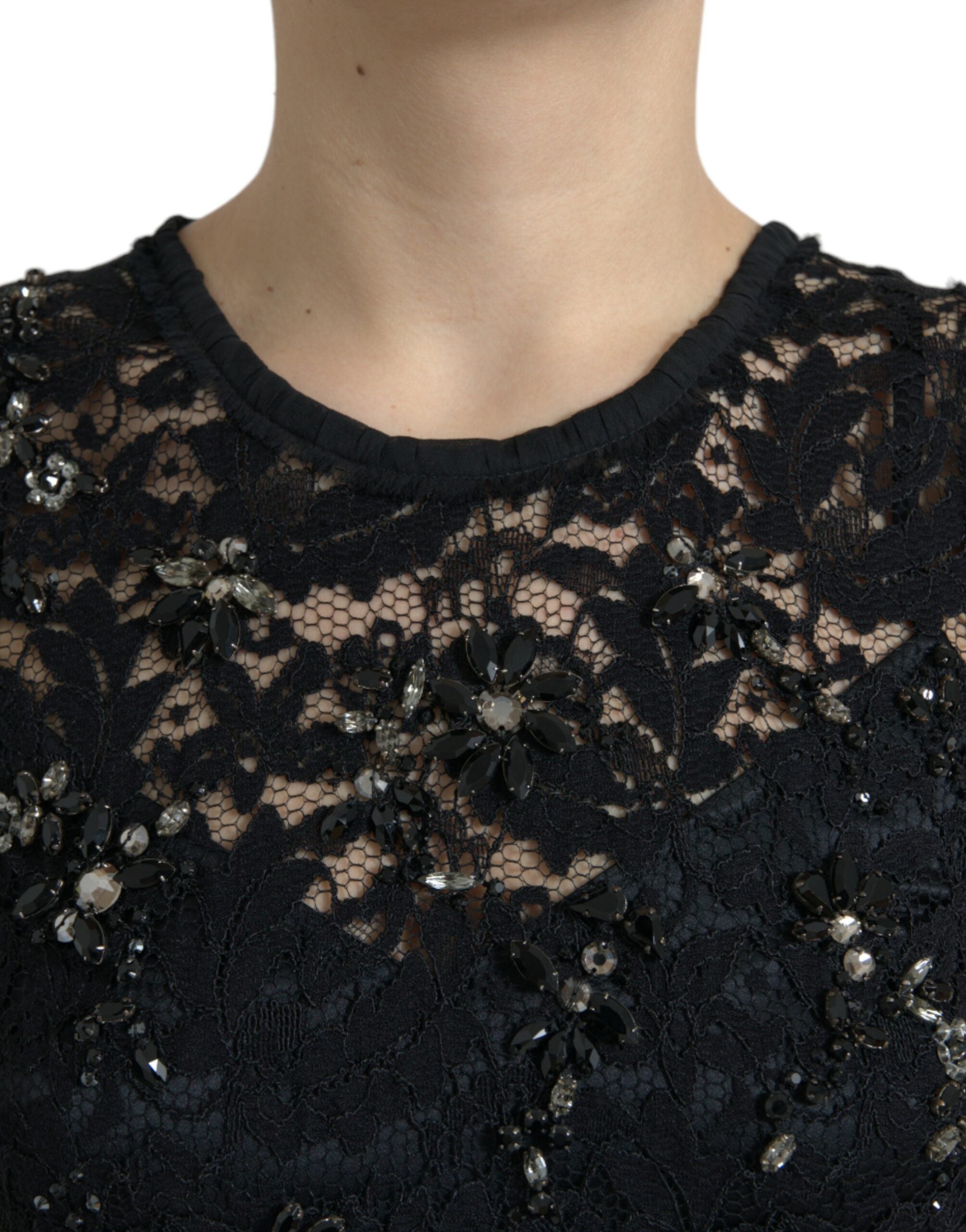 Dolce & Gabbana Black Floral Lace Crystal Sheath Dress