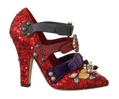 Dolce & Gabbana Red Sequined Crystal Studs Heels Shoes