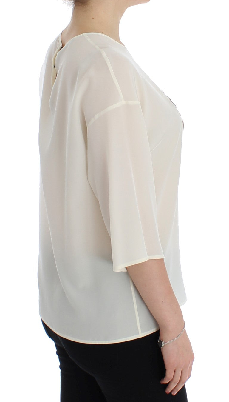 Dolce & Gabbana White Sequined Key Silk Blouse T-shirt Top