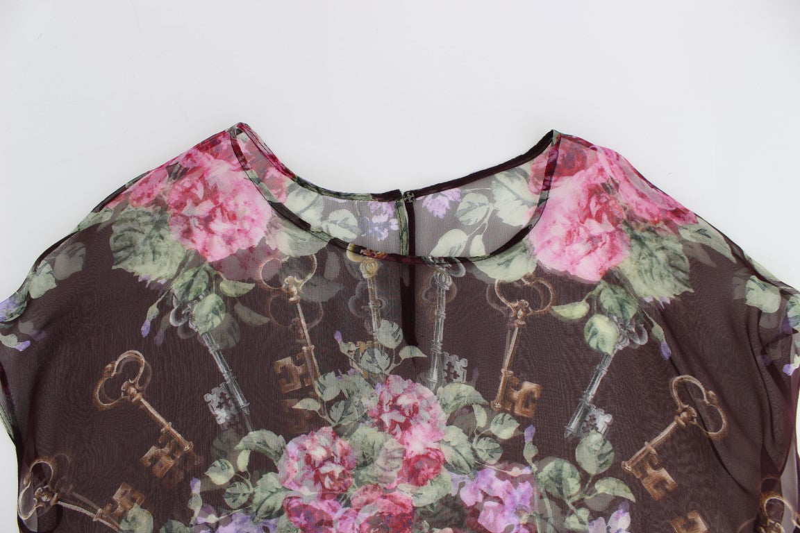 Dolce & Gabbana Black Key Floral Print Silk Blouse T-shirt