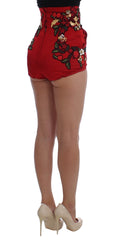 Dolce & Gabbana Red Silk Pearls Roses Shorts