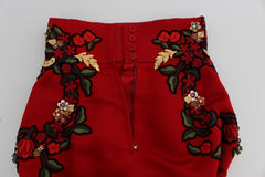 Dolce & Gabbana Red Silk Pearls Roses Shorts