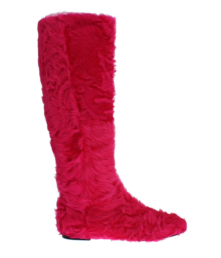 Dolce & Gabbana Pink Lamb Fur Leather Flat Boots