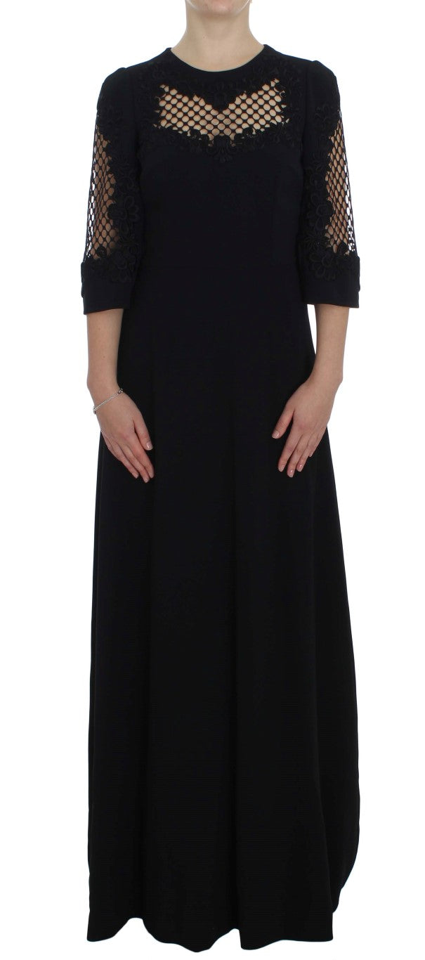 Dolce & Gabbana Black Ricamo Wool Stretch Maxi Dress