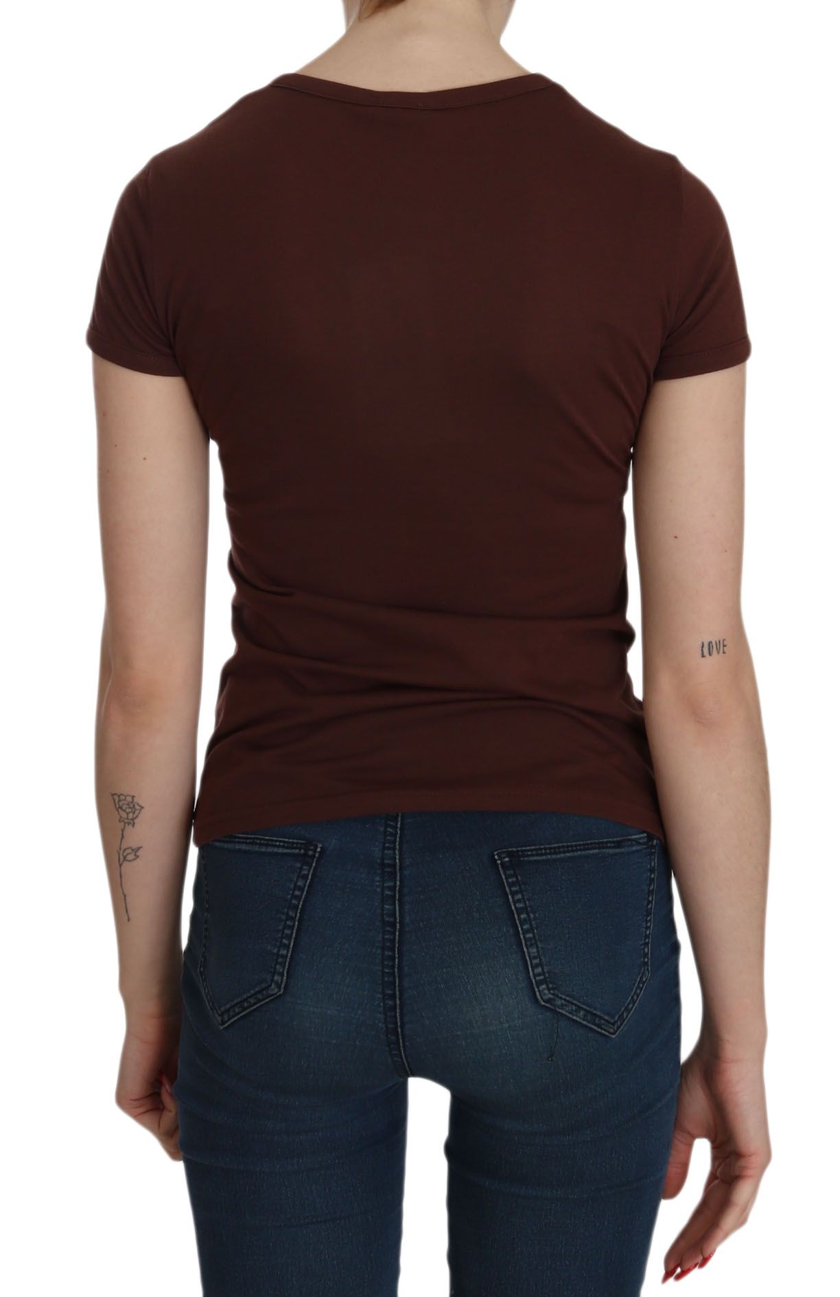 Exte Brown Heart Print Crew Neck T-shirt Short Sleeve Blouse