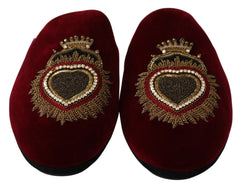 Dolce & Gabbana Red Velvet Sacred Heart Embroidery Slides Shoes