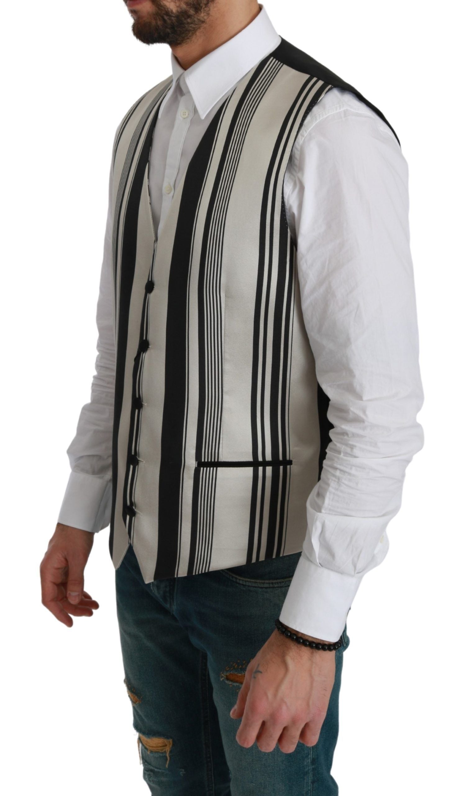 Dolce & Gabbana White Black Stripes Waistcoat Formal Vest