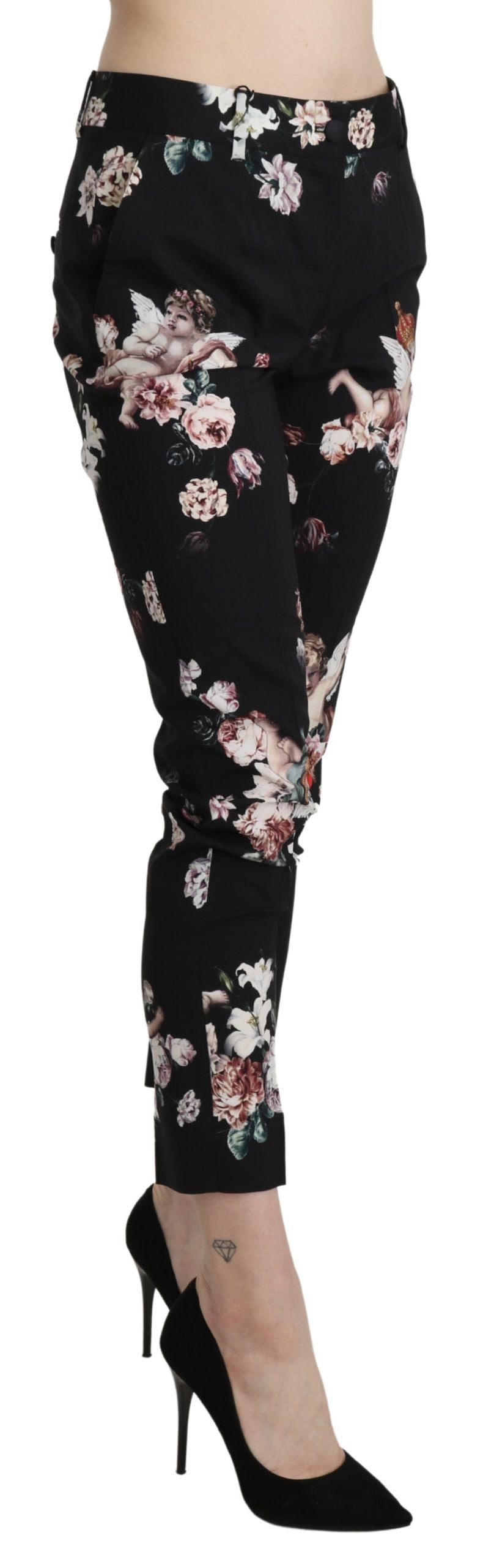 Dolce & Gabbana Black Angel Floral Cropped Trouser Wool Pants