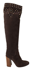 Dolce & Gabbana Brown Suede Studded Knee High Shoes Boots