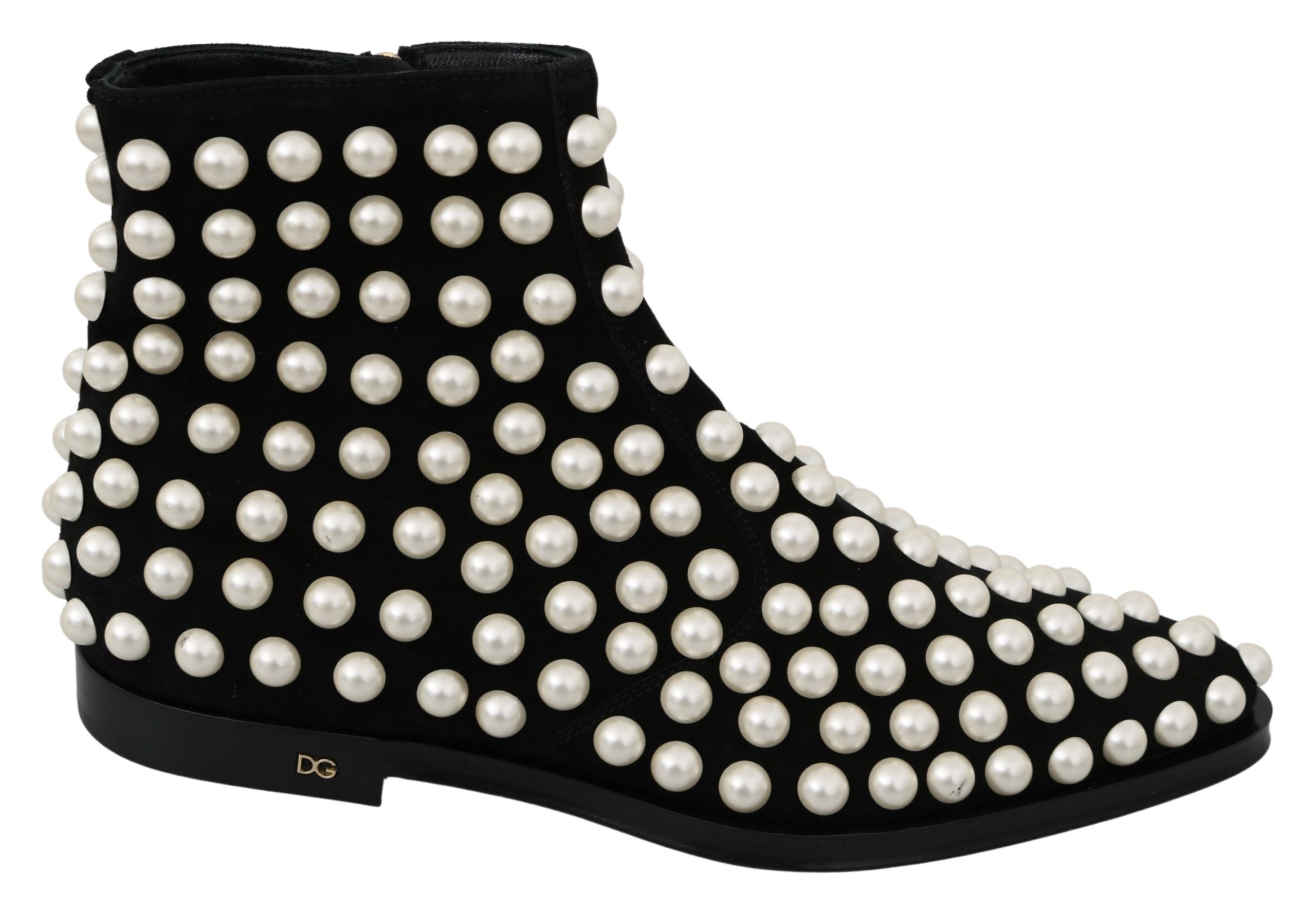 Dolce & Gabbana Black Suede Pearl Studs Boots Shoes