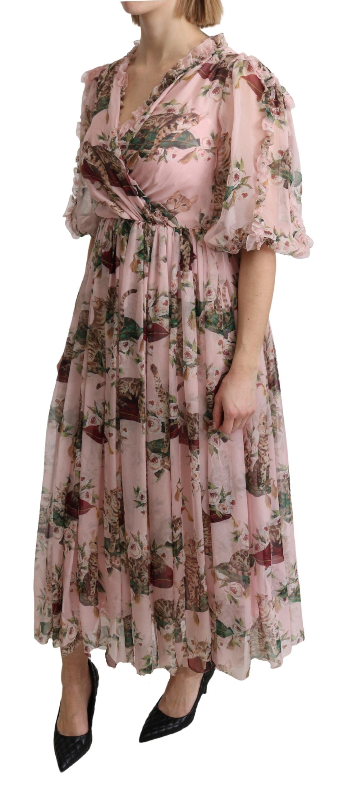 Dolce & Gabbana Pink Bengal Cat Print A-line Maxi Silk  Dress
