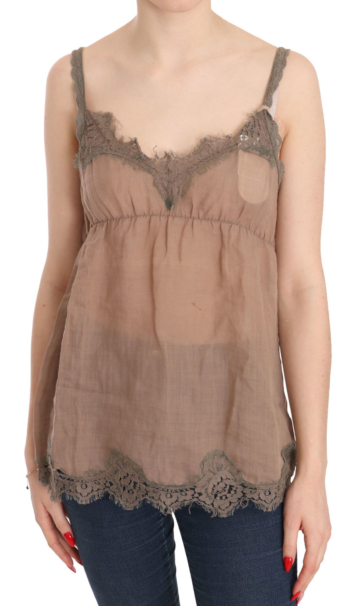 PINK MEMORIES Brown Lace Spaghetti Strap Plunging Top Blouse
