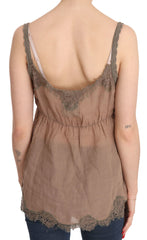 PINK MEMORIES Brown Lace Spaghetti Strap Plunging Top Blouse
