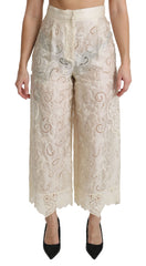 Dolce & Gabbana Cream Lace High Waist Palazzo Cropped Pants