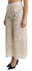 Dolce & Gabbana Cream Lace High Waist Palazzo Cropped Pants