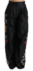 Dolce & Gabbana Black Brocade Floral Sequined Beaded Pants