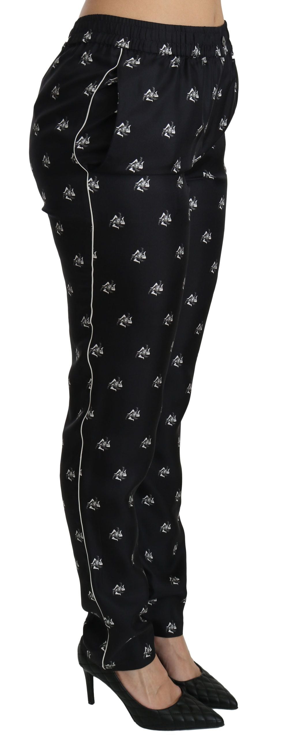 Dolce & Gabbana Black Printed Mid Waist Skinny Silk Pants