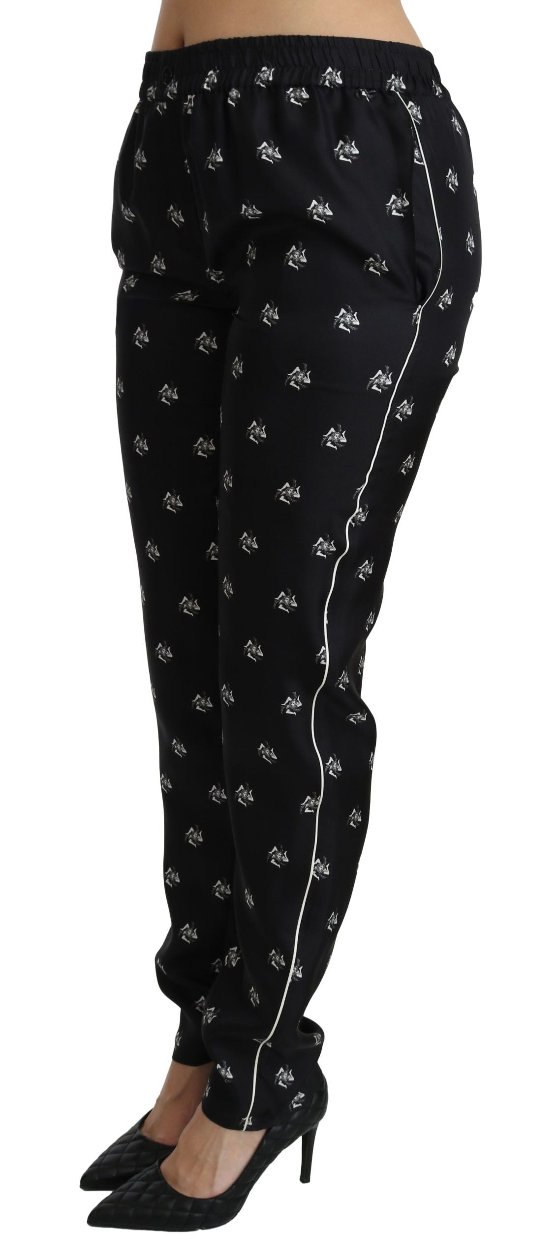 Dolce & Gabbana Black Printed Mid Waist Skinny Silk Pants