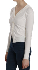 BYBLOS White V-neck Long Sleeve Cropped Cardigan Tops Sweater