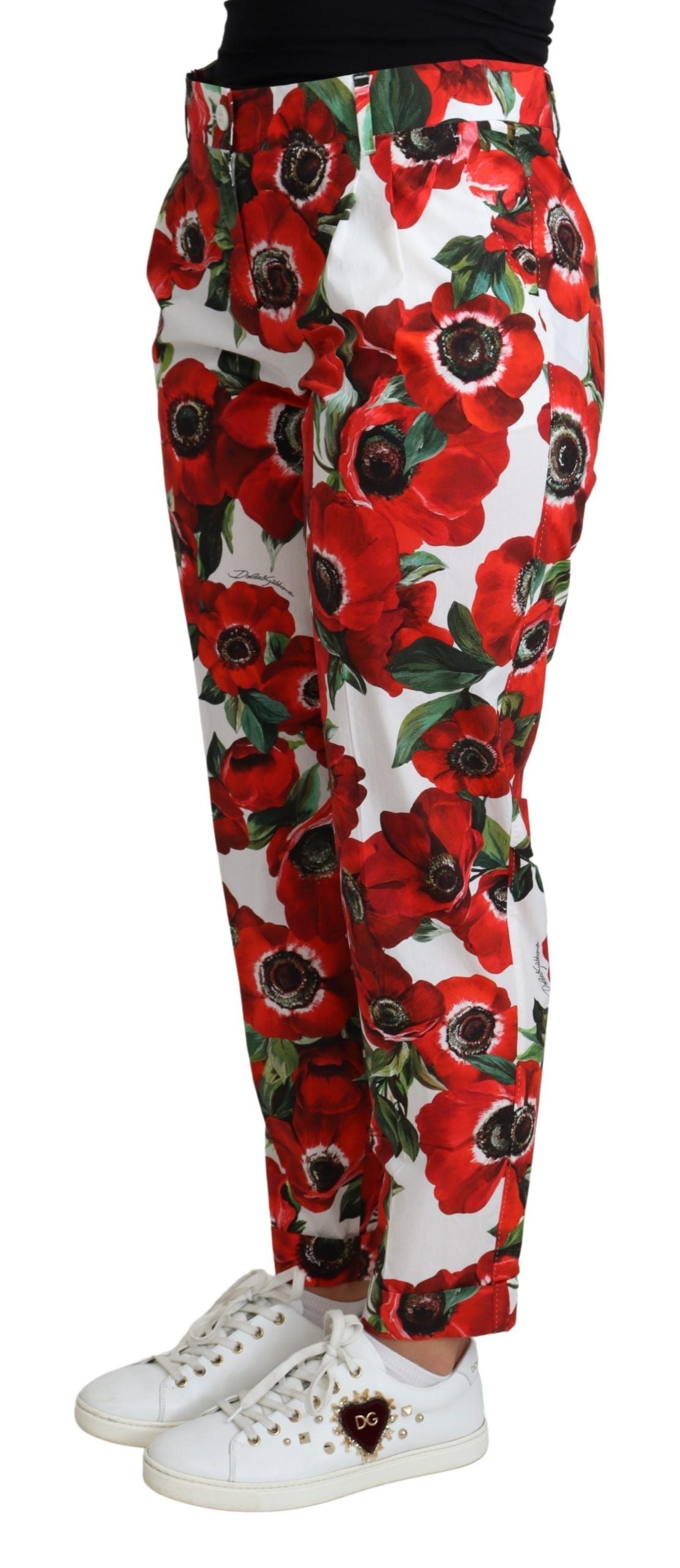 Dolce & Gabbana White Anemone Print Tapered Cotton Trouser Pant