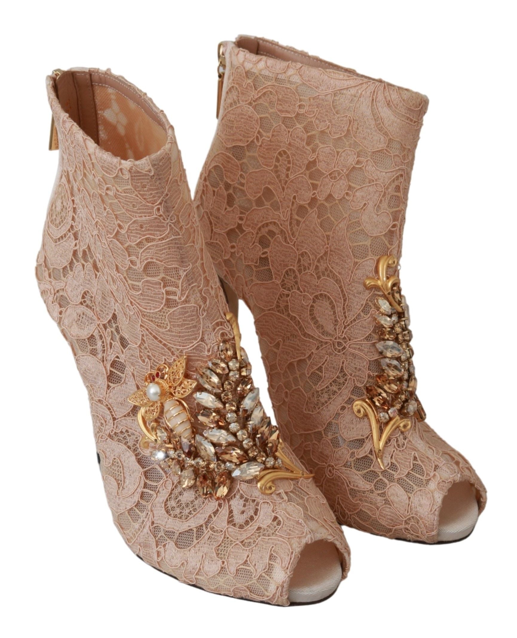 Dolce & Gabbana Pink Crystal Lace Booties Stilettos Shoes